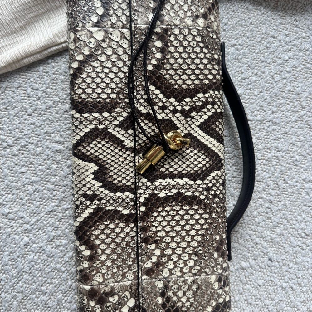 Bottega Veneta Brown & Cream Python-Print Leather Clutch with Top Handle - Picture 3 of 6